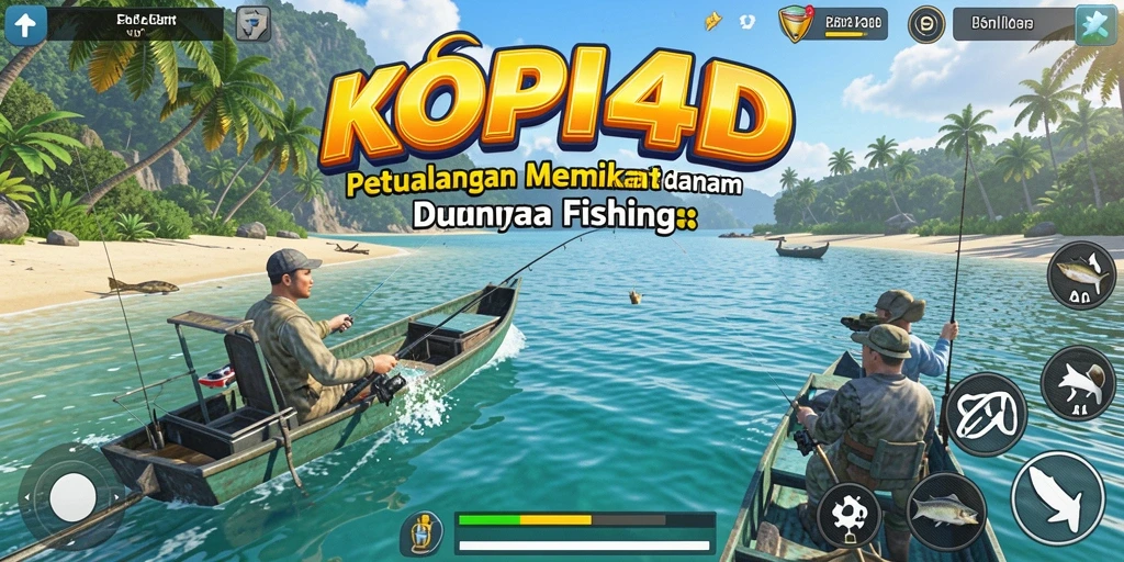 Screenshot utama KOPI4D menampilkan pemain yang asyik menangkap ikan di laut yang indah.
