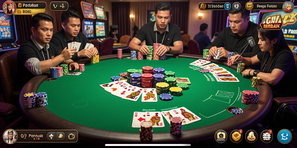 Screenshot V21 menampilkan gameplay Poker yang mendebarkan dan interaksi pemain.